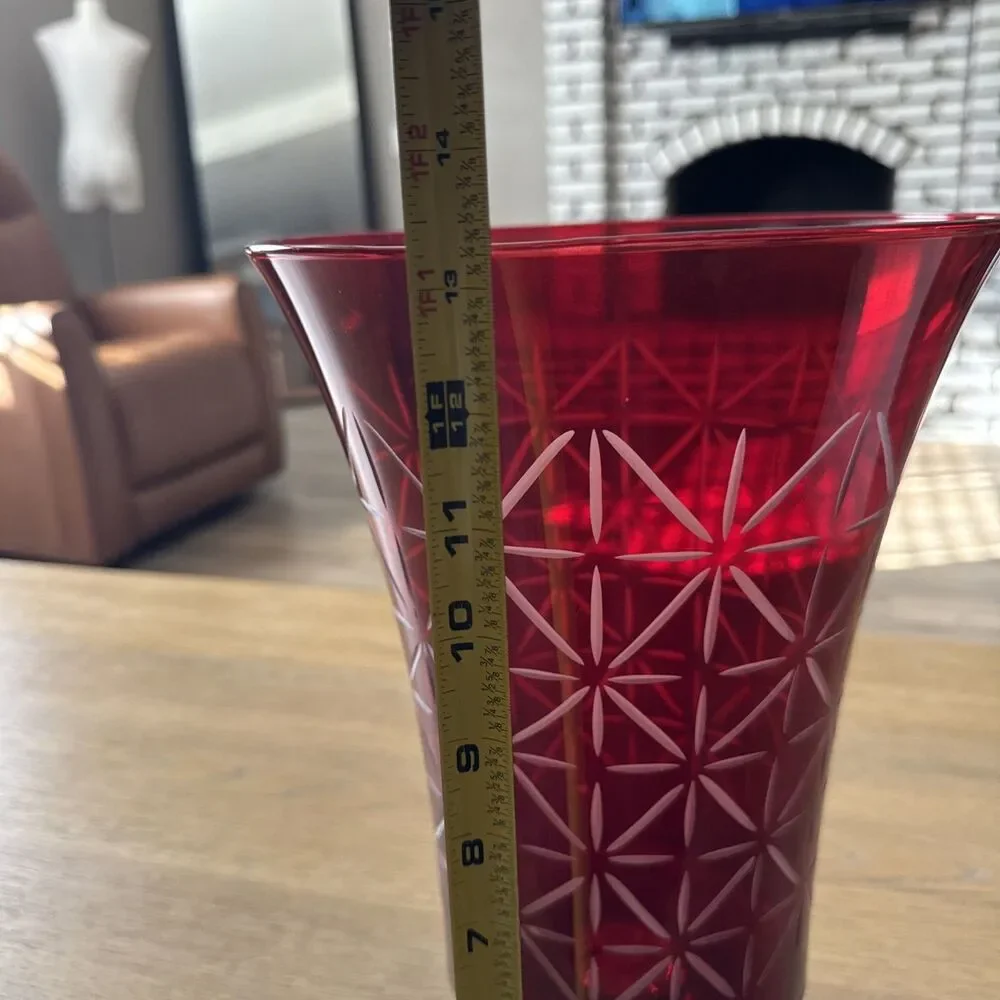 VNTG PartyLite Ruby Red Cut Glass L 13”Trumpet Vase Pedestal Geometric Cut Art